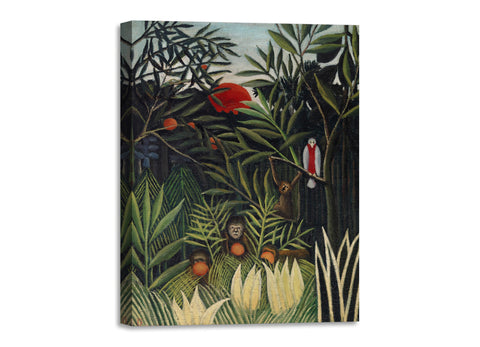 Quadro Stampa su Tela con Telaio in Legno Henri Rousseau - Monkeys and Parrot in the Virgin Forest