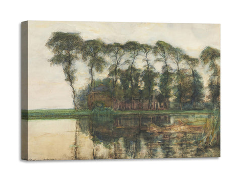 Quadro Stampa su Tela con Telaio in Legno Piet Mondrian - Farmstead along the water screened by nine tall trees