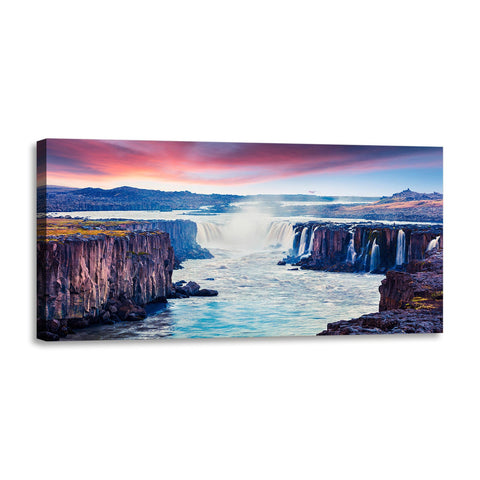 Quadro Stampa su Tela con Telaio in Legno paesaggio cascate tramonto