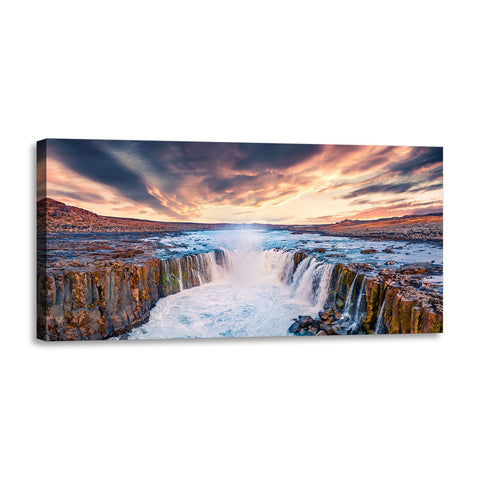 Quadro Stampa su Tela con Telaio in Legno paesaggio cascate tramonto