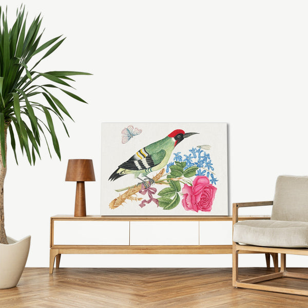 Quadro Stampa su Tela con Telaio in Legno European green woodpecker on a branch with rose