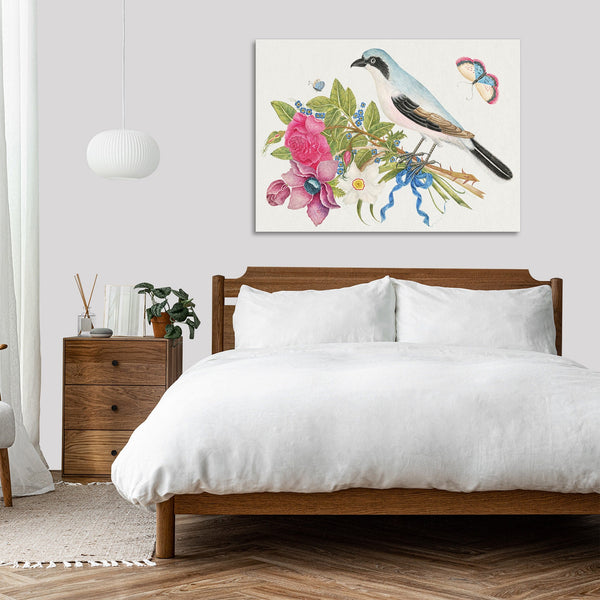 Quadro Stampa su Tela con Telaio in Legno Blue bird on a bouquet of roses and tulips with butterflies