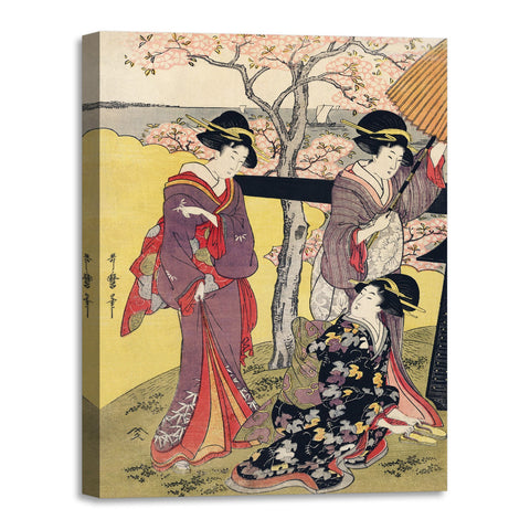 Quadro Stampa su Tela con Telaio in Legno Utamaro Kitagawa - Gotenyama no Hanami Hidari