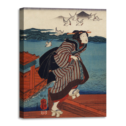 Quadro Stampa su Tela con Telaio in Legno Utagawa Kuniyoshi - Sanbashi no Onna