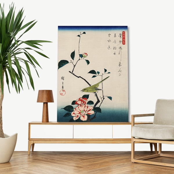 Quadro Stampa su Tela con Telaio in Legno Ando Hiroshige - Camellia and Nightingale