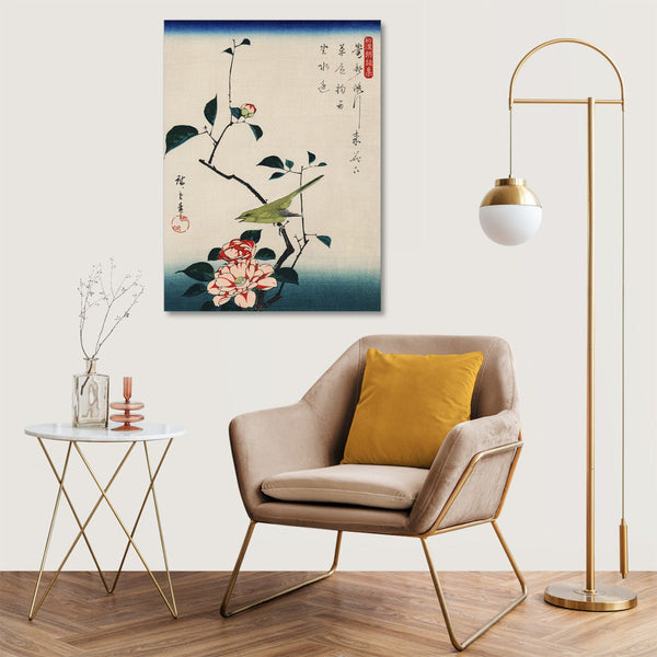 Quadro Stampa su Tela con Telaio in Legno Ando Hiroshige - Camellia and Nightingale