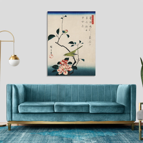 Quadro Stampa su Tela con Telaio in Legno Ando Hiroshige - Camellia and Nightingale