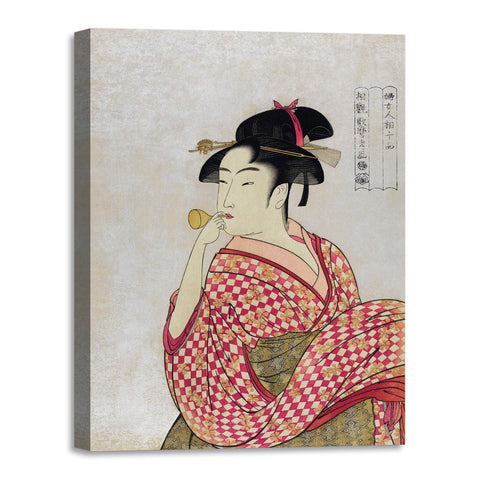 Quadro Stampa su Tela con Telaio in Legno Utamaro Kitagawa - Poppen o Fuku Musume