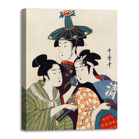 Quadro Stampa su Tela con Telaio in Legno Utamaro Kitagawa - Three Young Men or Women