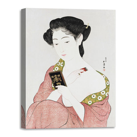 Quadro Stampa su Tela con Telaio in Legno Goyo Hashiguchi - Woman Applying Powder