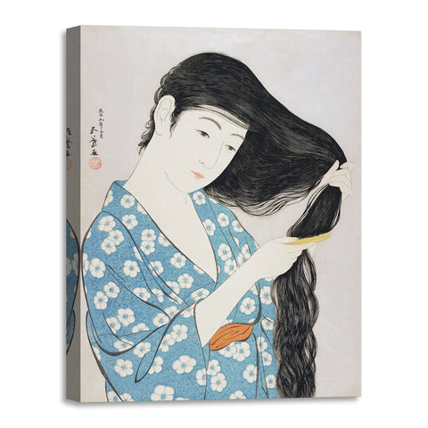 Quadro Stampa su Tela con Telaio in Legno Goyo Hashiguchi - Woman Combing Her Hair