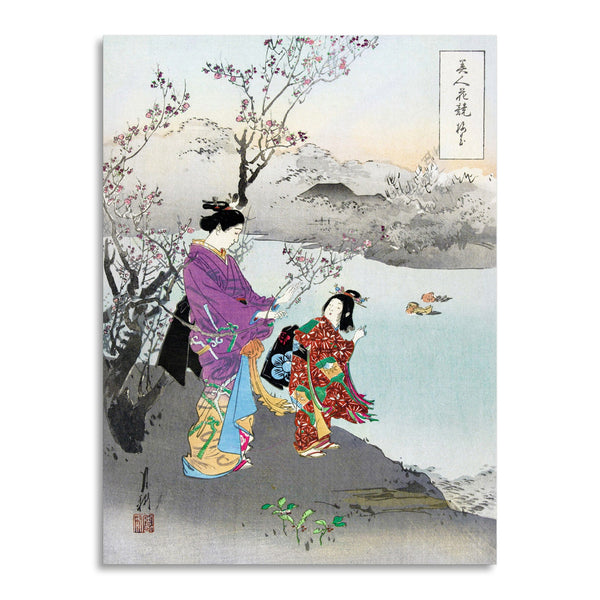 Quadro Stampa su Tela con Telaio in Legno Ogata Gekko - Admiring the Plum Blossom