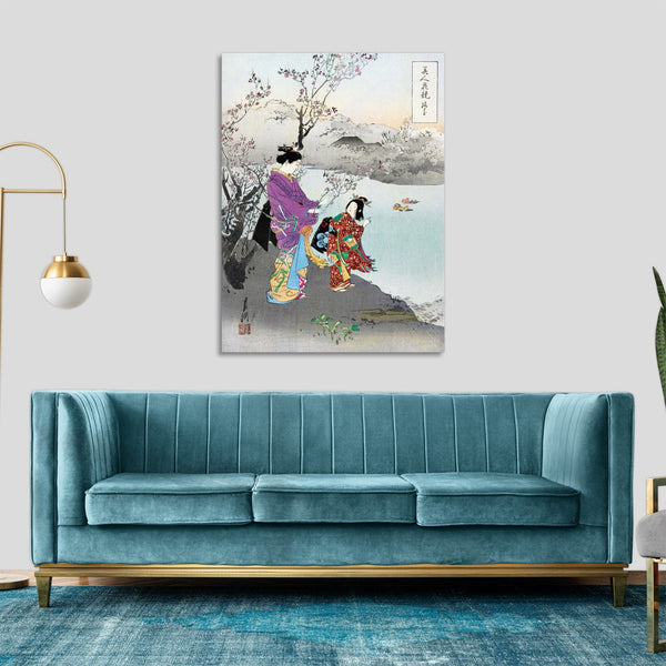 Quadro Stampa su Tela con Telaio in Legno Ogata Gekko - Admiring the Plum Blossom