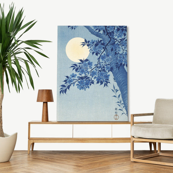 Quadro Stampa su Tela con Telaio in Legno Ogata Gekko - Blossoming Cherry on a Moonlit Night