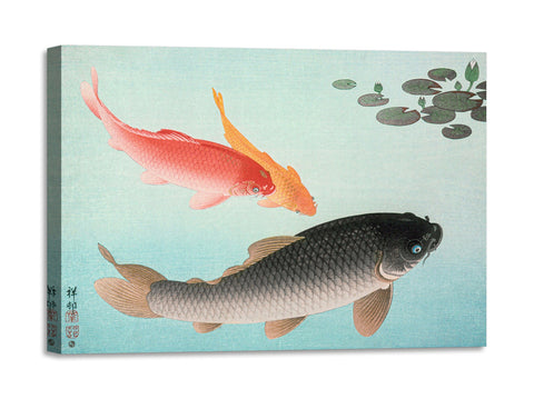 Quadro Stampa su Tela con Telaio in Legno Ohara Koson - Common and Golden Carp
