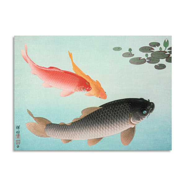 Quadro Stampa su Tela con Telaio in Legno Ohara Koson - Common and Golden Carp