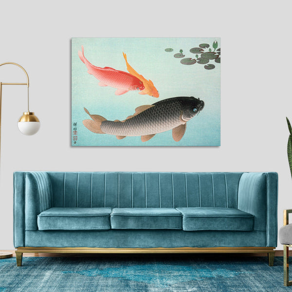 Quadro Stampa su Tela con Telaio in Legno Ohara Koson - Common and Golden Carp