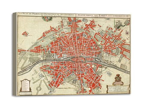 Quadro Stampa su Tela con Telaio in Legno Guillaume Delisle - Plattegrond van Parijs