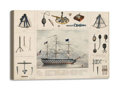 Quadro Stampa su Tela con Telaio in Legno A lithograph illustration of a ship and interiors