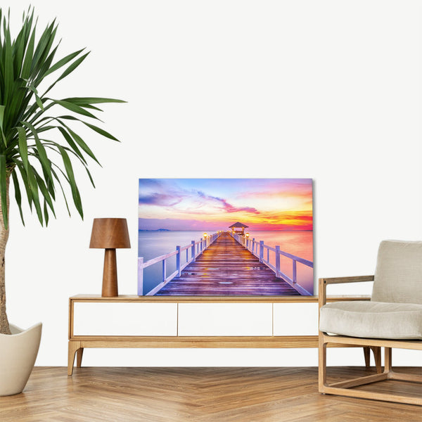 Quadro Stampa su Tela con Telaio in legno panorama mare tramonto