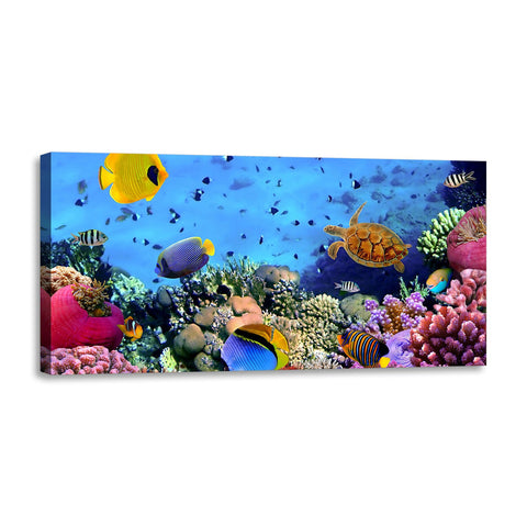 Quadro Stampa su Tela con Telaio in Legno paesaggio acquario pesci tropicali