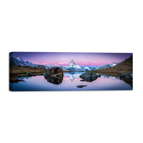 Quadro Stampa su Tela con Telaio in Legno paesaggio montagne tramonto