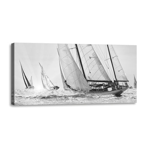 Quadro Stampa su Tela con Telaio in Legno paesaggio mare barche a vela