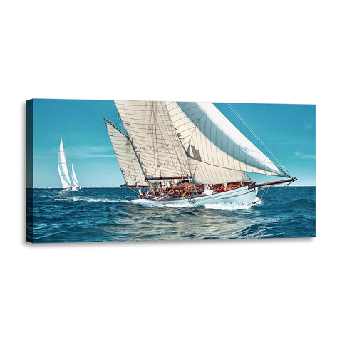 Quadro Stampa su Tela con Telaio in Legno paesaggio mare barche a vela
