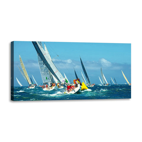 Quadro Stampa su Tela con Telaio in Legno paesaggio mare barche a vela