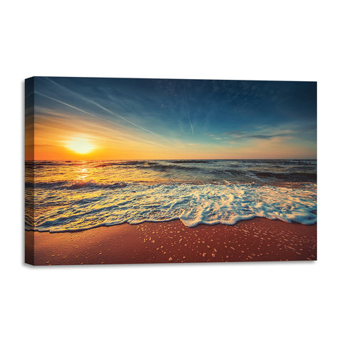 Quadro Stampa su Tela con Telaio in legno panorama tramonto spiaggia mare