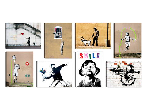 Quadri Stampa su Tela con Telaio in Legno 8 pezzi 40x30 cm Banksy