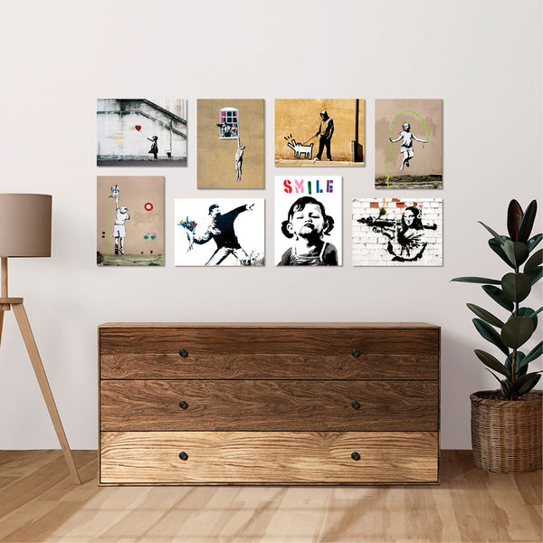 Quadri Stampa su Tela con Telaio in Legno 8 pezzi 40x30 cm Banksy